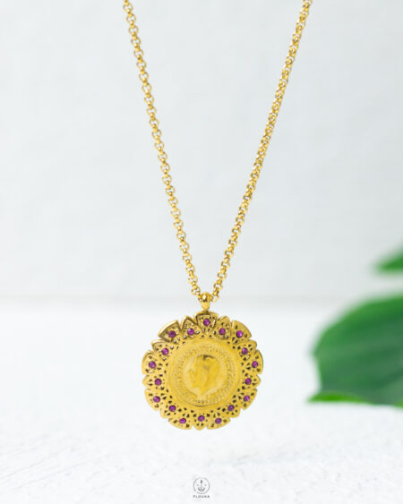 gold purple straus coin necklace