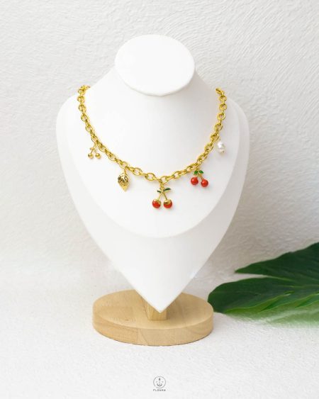 red cherry & leaf & beads gold necklace