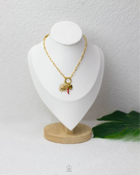 gold sun & heart & red pepper necklace