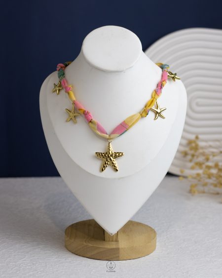 pink fagbric gold seastar necklace