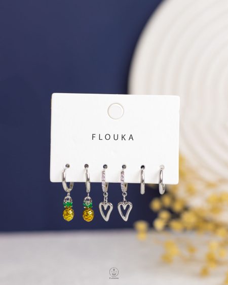 pineapple & heart silver earring set