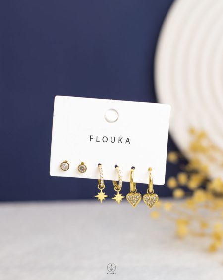 gold struas heart & space star earring set