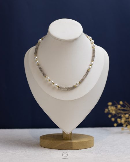 mix gray & white Pearl beads gold necklace