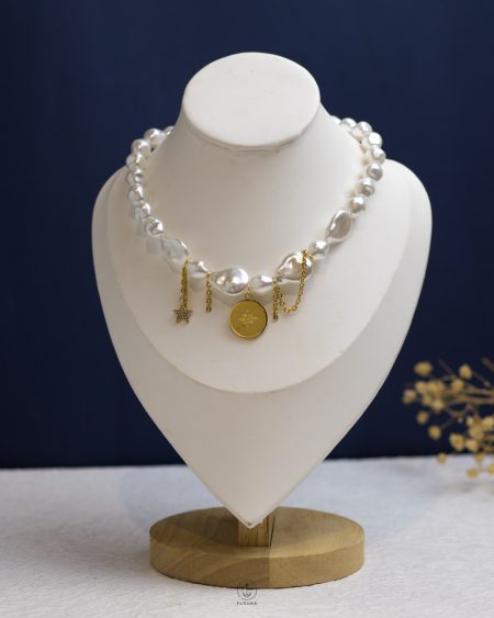 gold space star coin & white Pearl beads necklace