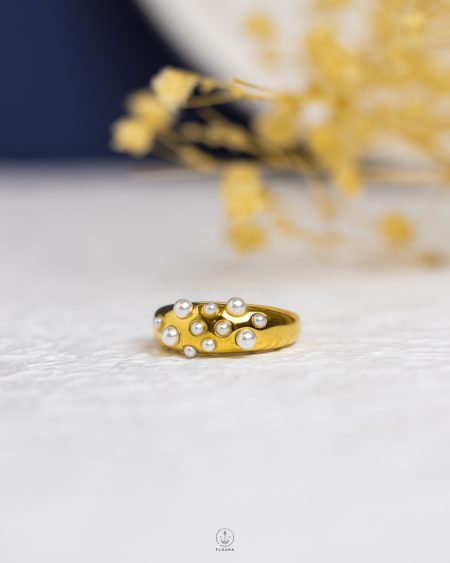 white beads gold ring