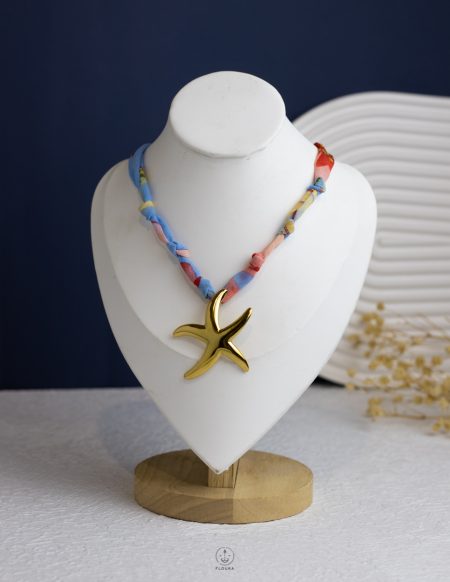 baby blue fabric gold seastar necklace