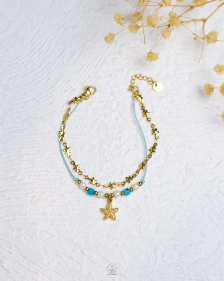 double layer blue peral beads gold seastar bracelet