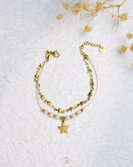 double layer white peral beads gold seastar bracelet