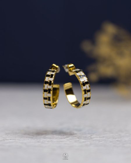 white & black squares gold earring