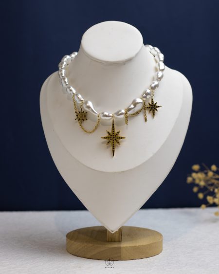 gold space star coin & white Pearl beads necklace