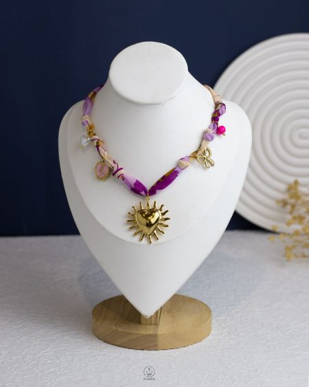 purple fabric gold heart necklace