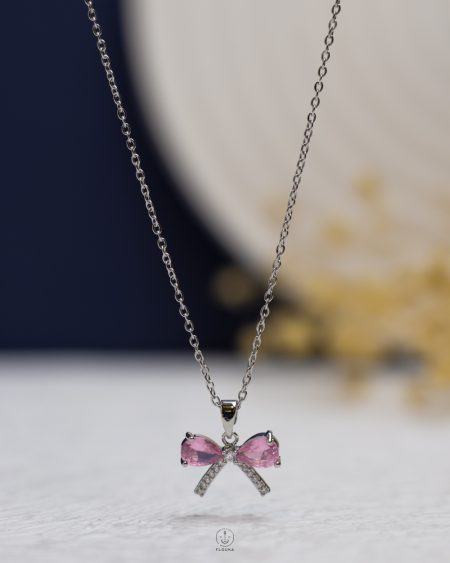 crystal pink tie silver necklace