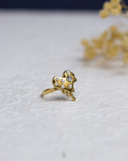 white beads gold heart ring