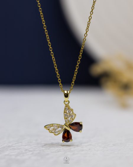 red struas butterfly gold necklace