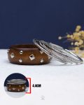 five layer brown wood silver bangle set