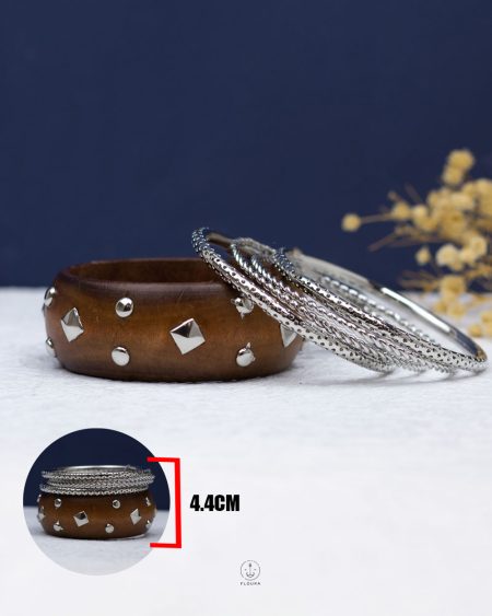 five layer brown wood silver bangle set