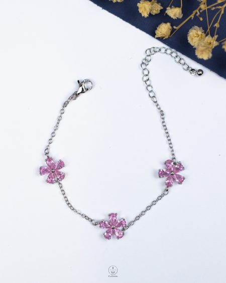 three pink flower silver bracelet