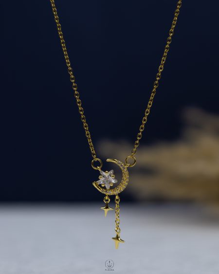 white straus crescent & space star gold necklace